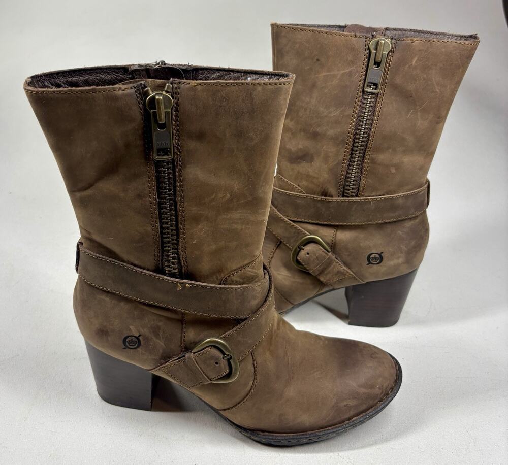 Born Womens 8 Brown Distressed Leather Harness Moto Boots Buckle Zip Heeled